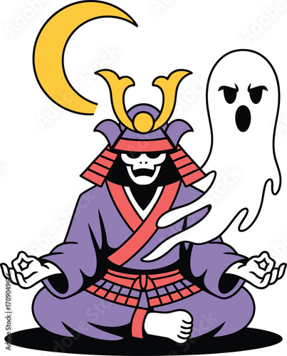 Samurai skeleton meditating with ghost and moon meditation