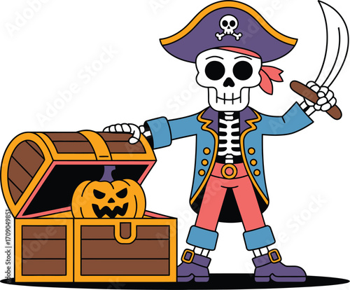 Skeleton pirate with treasure chest and jack o lantern