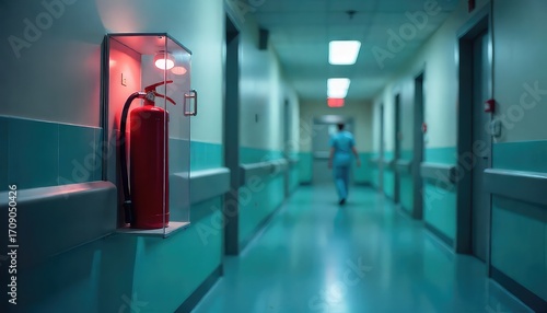 A fire extinguisher in a glass case in a hospital hallway with a person walking away in the distance