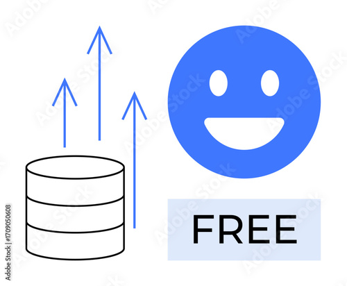 Database icon with upward arrows, blue smiling face, and FREE label suggesting growth, happiness, and no-cost services. Ideal for tech, subscription, software, analytics innovation satisfaction