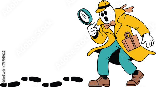Cartoon detective character examining footprints with magnifying glass
