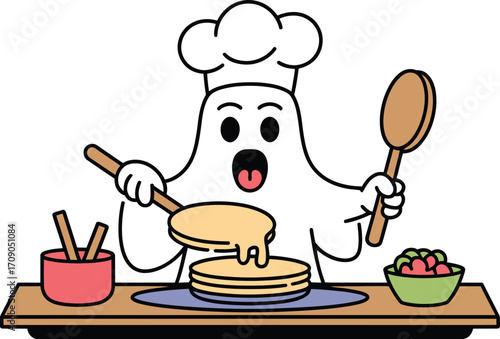 Cartoon ghost chef making pancakes with berries cooking