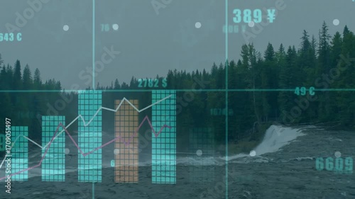Cyan grid fading over river, bars rising sequentially, lines plotting and updating market data