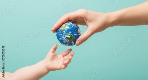 Adult hand passing a small Earth globe to a child's reaching hand. Concept of inheritance, future generations, and environmental responsibility.