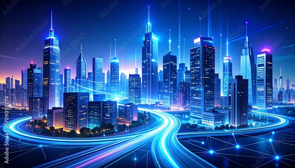 Fototapeta premium A futuristic cityscape glows with blue light. Illuminated skyscrapers are connected by glowing lines. Highways weave through the city at night