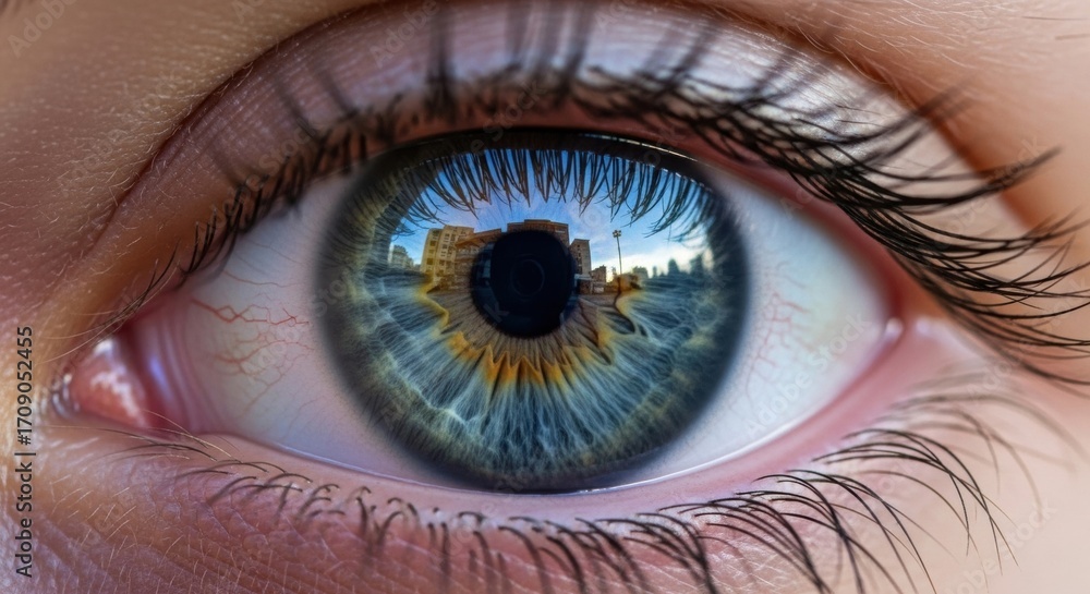 Fototapeta premium Extreme macro close-up of a beautiful human eye with a city scene reflected in the pupil. A concept for vision, perception, technology, and seeing the world.