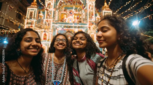 Friends enjoy a festive moment taking selfies in front of a brightly lit decorative pandal at night