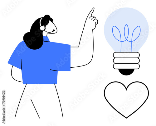 Woman pointing at a glowing bulb with a heart symbol below, symbolizing creativity, innovation, inspiration, wisdom, education, problem-solving, and passion for new ideas. Ideal for simple flat