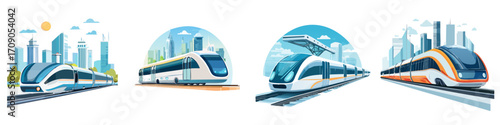 illustration flat A modern set of high-speed trains travels through city landscapes.