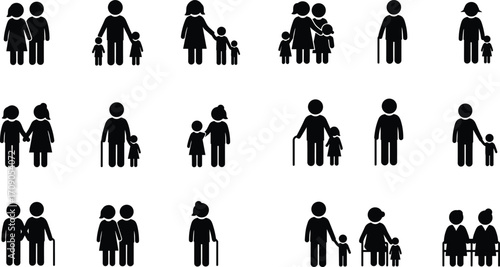 Family icons, parents with children, grandparents, generations together, family relationships, stick figures, vector pictogram, childcare, love, support, unity, parenting.