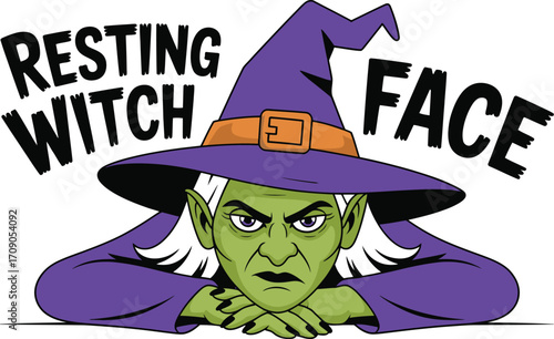 Green witch with purple hat resting face halloween