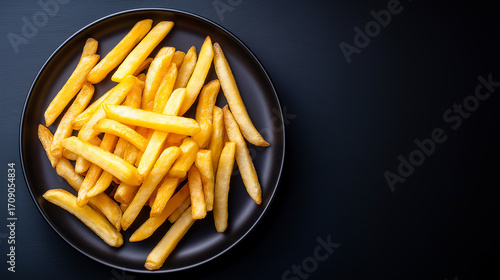 Golden French fries on a black plate, crispy texture and vibrant contrast, ideal for fast food ads, restaurant menus, or snack promotions with a bold visual appeal.