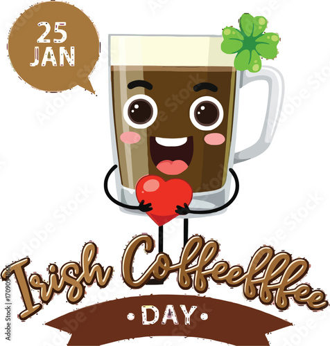 Joyful coffee mug celebrates Irish Coffee Day with heart and shamrock on January 25th