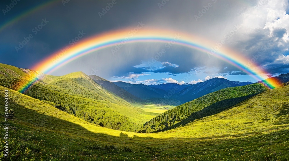 Naklejka premium Panoramic view of mountains with rainbow