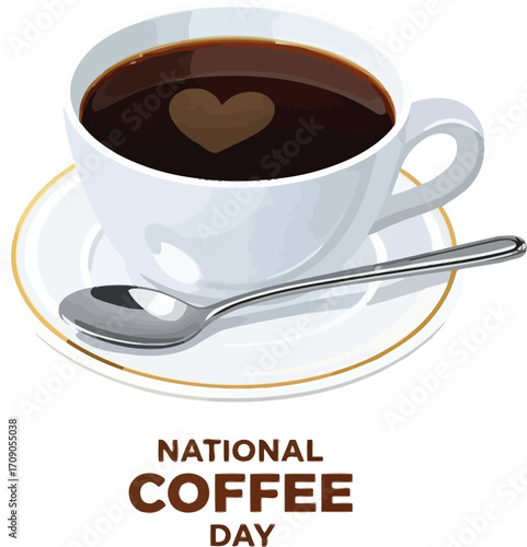 Steaming coffee cup with heart foam art celebrates National Coffee Day and morning comfort