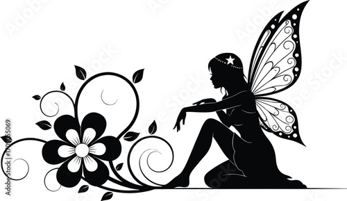 Fairy silhouette, magical wings, fantasy art, flower decoration, nature fairy, floral design, mystical creature, whimsical, butterfly wings, vector fairy illustration