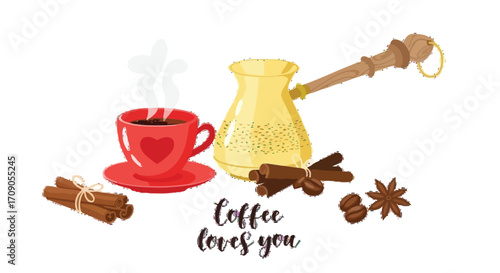 Warm steaming coffee cup and spices evoke cozy mornings and aromatic comfort