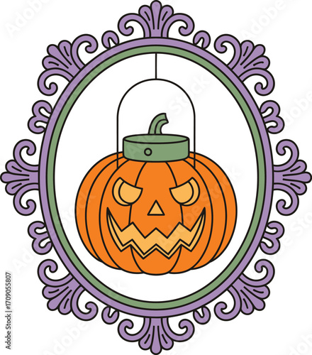 Orange jack o lantern with spooky face in ornate frame