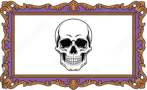 Black skull centered in ornate purple and gold frame