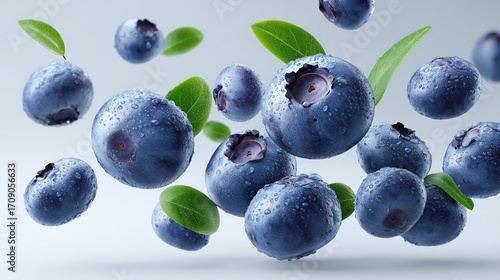 Delicious, fresh blueberries floating mid-air against a clean, simple background