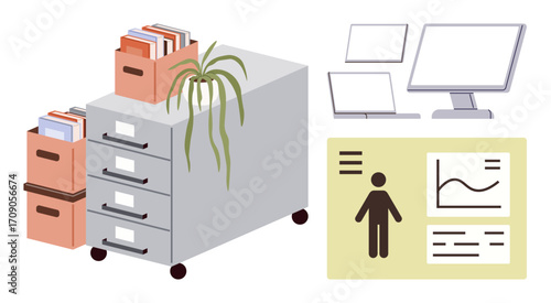 Filing cabinet with files, a potted plant, monitors, and a data chart. Ideal for information management, office organization, productivity, data tracking, work efficiency modern workspace simple