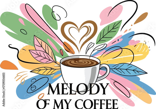 Vibrant coffee cup design with swirling steam forming a heart, surrounded by colorful abstract shapes and leaves