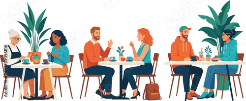 Diverse friends and couples enjoying coffee and conversation at outdoor cafe tables