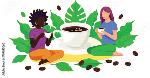 Two women enjoy coffee amidst lush green leaves and beans a moment of relaxation and connection