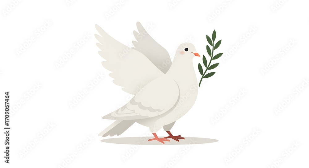 Fototapeta premium A white dove with an olive branch in its beak, depicted in a minimalist flat design aesthetic.