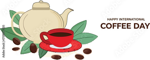 Celebrate International Coffee Day with a vibrant illustration of a steaming cup, rich beans, and a classic teapot
