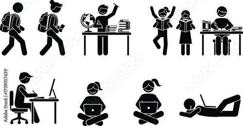 Education, students, online learning, studying, reading books, classroom, homework, school kids, laptop use, remote study, e-learning, academic activities