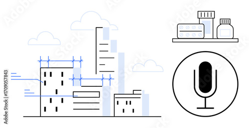 City buildings under construction, medical containers on a shelf, and a microphone symbol. Ideal for urbanization, healthcare, technology, communication, media, innovation and a simple landing page