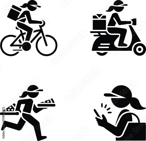 Mobile Courier Icon Grid – Scooter, Bicycle, Running & App-Based Delivery Girl Vectors