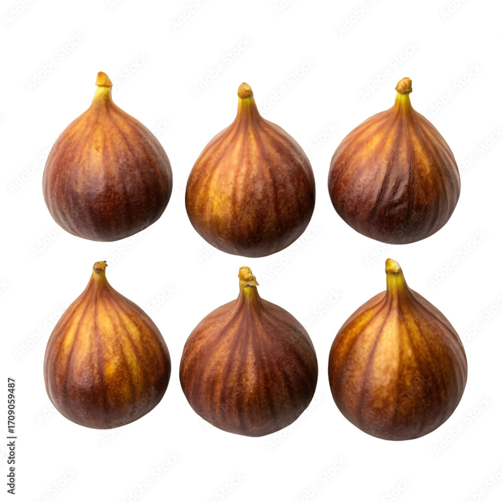Obraz premium Six Ripe Brown Figs Arranged in Two Rows on a Black Background fruit fresh