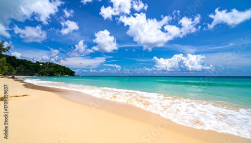 Wallpaper Mural A pristine sandy beach meets vibrant turquoise water under a bright blue sky dotted with fluffy white clouds. Lush green vegetation lines the shore Torontodigital.ca