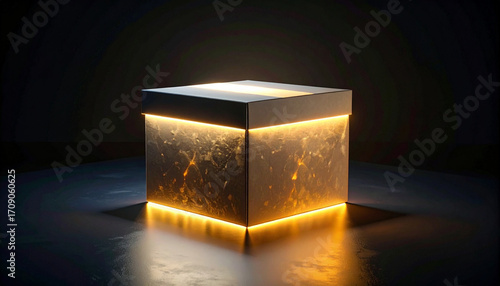 1 Luminous packaging box on dark surface and dark background