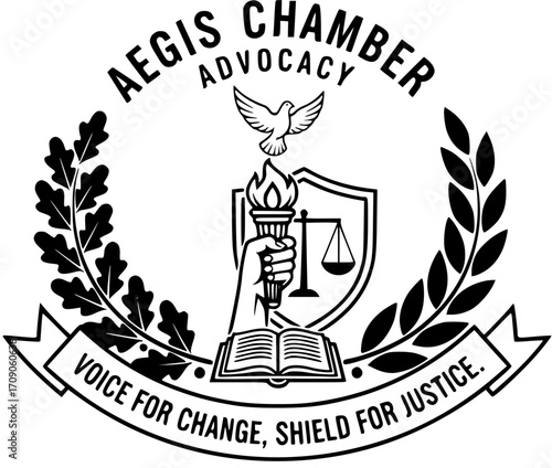 Aegis Chamber Advocacy Logo: Black and white emblem with torch, scales, shield, book, dove, and wreaths, symbolizing 'Voice for Change, Shield for Justice.'