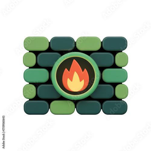Firewall icon with flame symbol on a wall of green bricks security protection