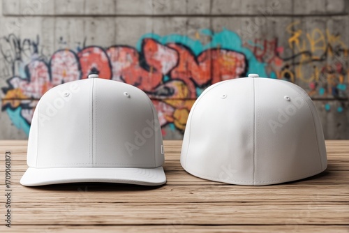 Two white baseball caps mockup on a wooden table against a graffiti wall background