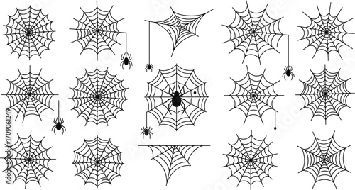 Collection of black spider webs with hanging spiders, isolated on white background, Halloween decorations, spooky, creepy, spiderweb patterns