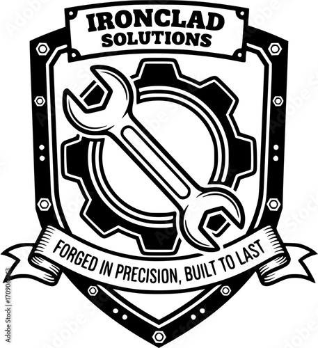 Ironclad Solutions Logo: Industrial Engineering  Repair Brand Mark featuring a shield, gear, and wrench, with the slogan 'Forged in Precision, Built to Last'.