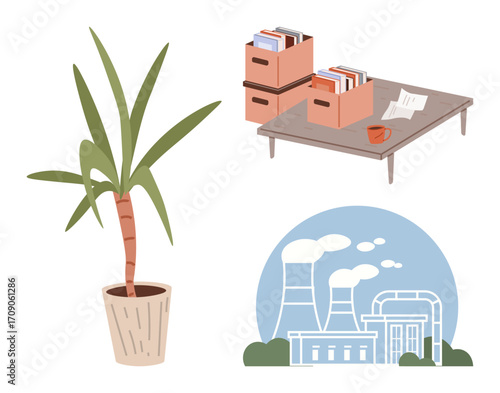Desk with file organizers, cup, and papers potted plant industrial facility emitting smoke. Ideal for productivity, sustainability, urban-industrial contrast, organization, workflow, natural decor