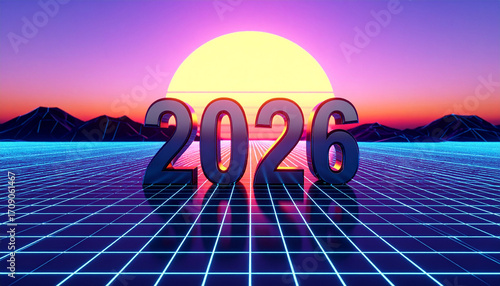 Retro Futuristic 2026 New Years Greeting Neon Grid Sunset Glow.