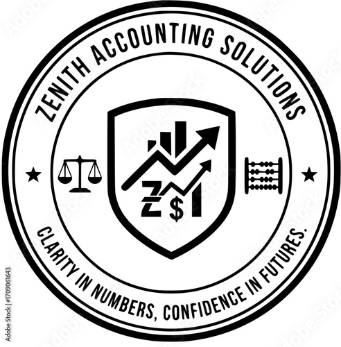Zenith Accounting Solutions Logo with Abacus, Scales, Graph, and Financial Symbols in a Circular Design