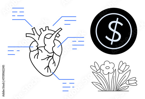 Human heart anatomy diagram with labels, dollar sign in black circle, and blooming flowers. Ideal for health, finance, growth, education, biology sustainability and wellness. Simple flat metaphor