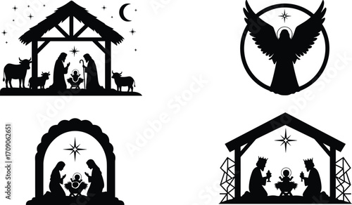 Christmas nativity silhouette set with holy family, baby Jesus, angel, three kings, manger animals, star of Bethlehem, Christian holiday tradition illustration