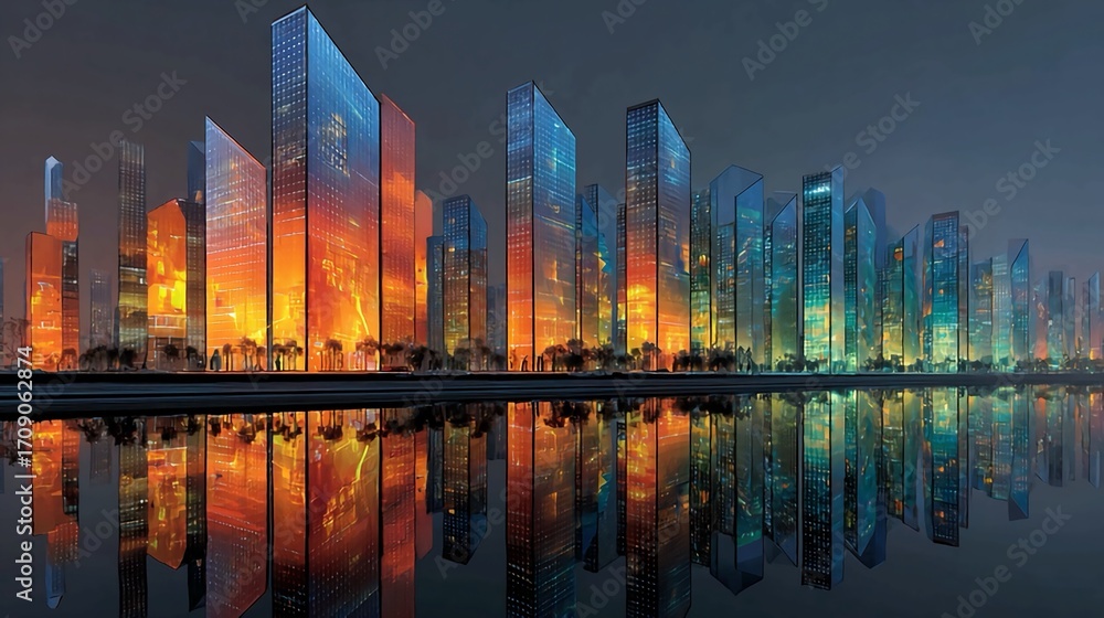 Fototapeta premium Stunning modern cityscape at dusk, glowing skyscrapers reflect vibrant lights on calm water surface.