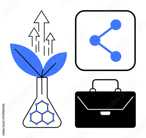 Laboratory flask growing plant with arrows for progress, network symbol for connectivity, and briefcase for business. Ideal for innovation, growth, technology, sustainability, science