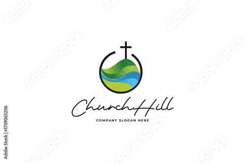 Church Hill with river and cross, Logo Design Vector Inspiration.