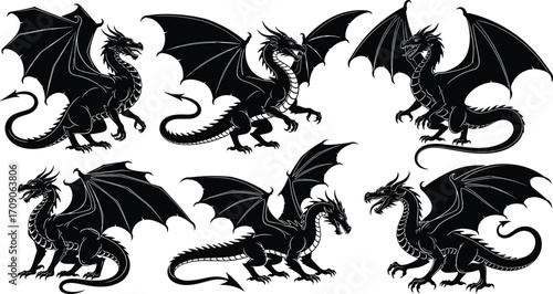 Black Silhouette Dragons Set, Flying and Roaring Mythical Creatures with Wings, Fantasy Dragon Vector Clipart for Tattoos and Designs